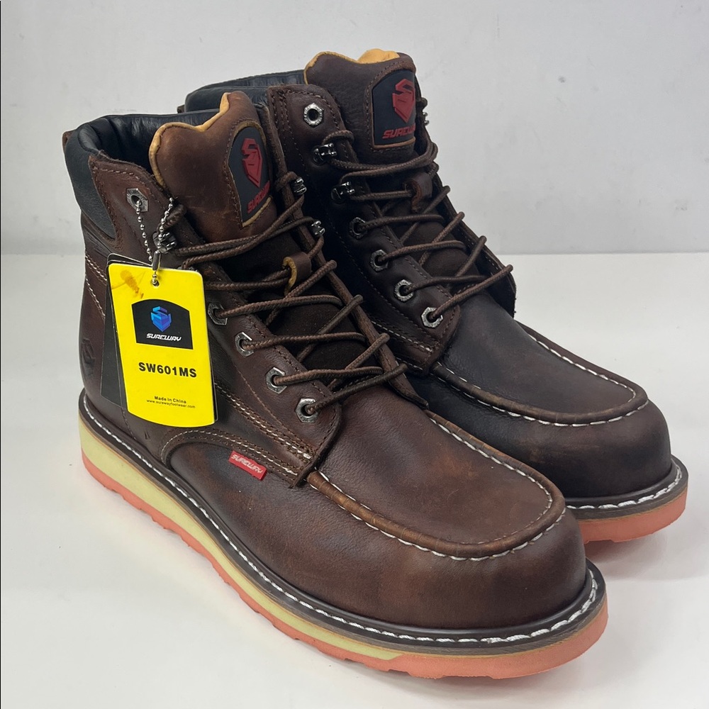 NWT Sureway Mens Brown Leather Slip Resistant Safety Toe Work Boots Size 12